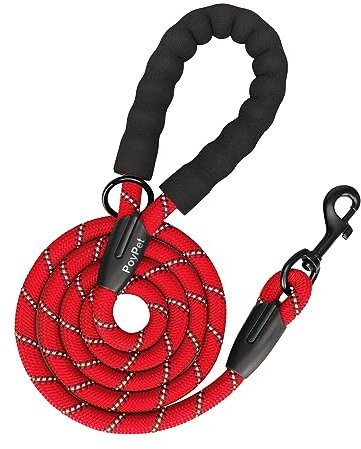 PoyPet Hundeleine Starke Hundeleine mit bequem gepolstertem Griff und stark reflektierenden Fäden für kleine, mittlere und große Hunde (Rot)