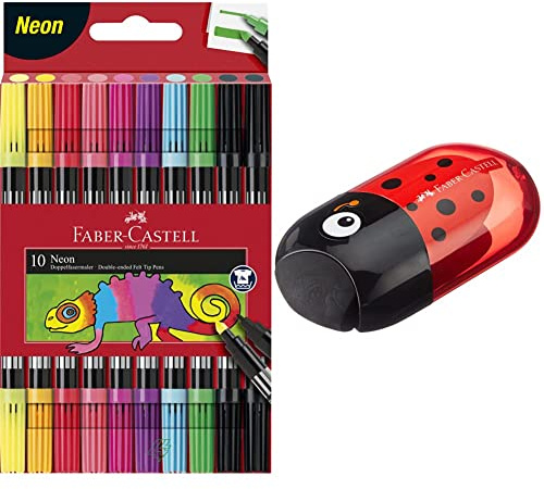 Faber-Castell 151109 - Doppelfasermaler 10er Etui, neon & 183526 - Doppelspitzdose Käfer, inklusive Radierer