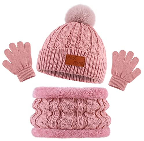 Bekecidi Ensemble Bonnet Echarpe Gant pour Enfants, 3 en 1 Hiver Tricoté Tour de Cou Chaud Gants Bonnet avec Doublure Épaisse, Hiver Bonnets Snood Gant pour Garçons et Filles 1-5 Ans (Rose)