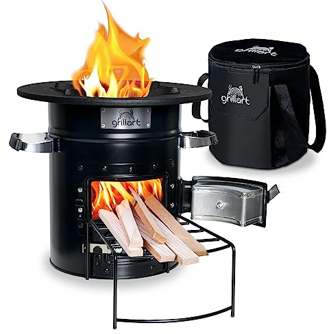 grillart® Raketenofen Outdoor “Powertrain” – effizienter Holzofen als Campingkocher für Dutch Oven und Grillpfannen – besonders effizient bei geringer Rauchentwicklung (Schwarz mit Tasche)
