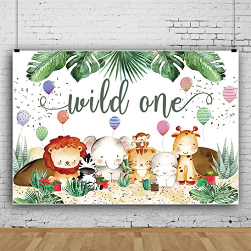Ttincceer 220x150cm Wild One telón de Fondo de Dibujos Animados Zoo Animal fotografía Fondo león Elefante hipopótamo fotografía telón de Fondo Monstera Hojas Verdes Fondo bebé Ducha decoración