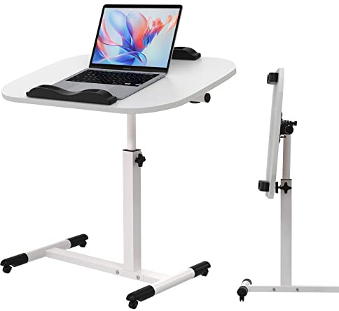 PIPIPOXER 60×40cm Laptoptisch Höhenverstellbar mit 2 Stopp-Leisten, Mobiler Stehtisch mit 4 Rollen, Überbett-Tisch 360 Drehbaren Tischplatte,Zusammenklappbar Beistelltisch fürs Wohnzimmer,Sofa,Weiß