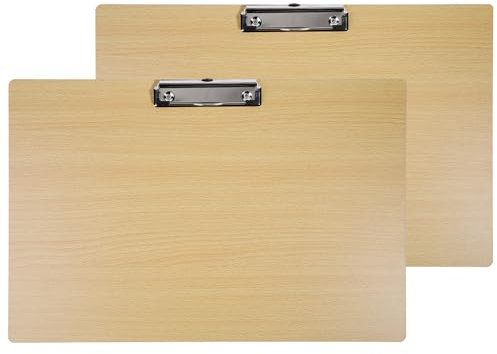 BOMKEE Porte bloc Lot de 2, Planche a Dessin avec Pince Métallique Noire et Oeillet de Suspension Presse papiers Horizontaux Clipboard en Bois de Taille Légale