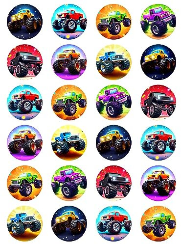 24 x Monster Truck Mix Edible Wafer Card Cupcake Toppers Cake Party Decorations