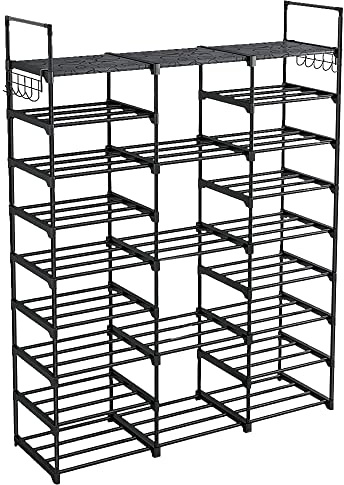 HUOLE Schuhregal 10 Ebenen Schuhaufbewahrung, DIY Schuhablagen aus Metall, 54-62 Paar Schuhe Aufbewahrung, Platz Sparen, Standregal Schuhschrank mit Haken für Eingang, Ankleidezimmer und Flur