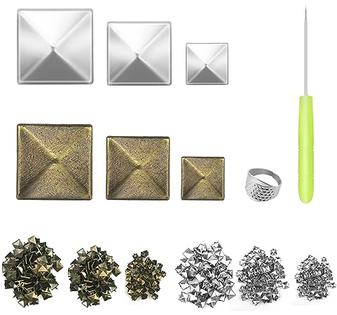 600Stk Pyramidennieten, Pyramiden Nieten, Quadratische Nieten, Ziernieten Quadratisch, 8/12/15mm, mit Fingerhut und Bohrkegel für Kleidung Schuhe DIY Projekte（Bronze+Silber）