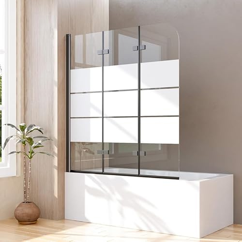 Duschwand für Badewanne 140x140 cm 3-teilig Schwarz, Faltbar Gestreift Badewannenaufsatz Glas Duschtrennwand für Badewanne Duschabtrennung, 140 cm Badewannenwand 6mm ESG Sicherheitsglas