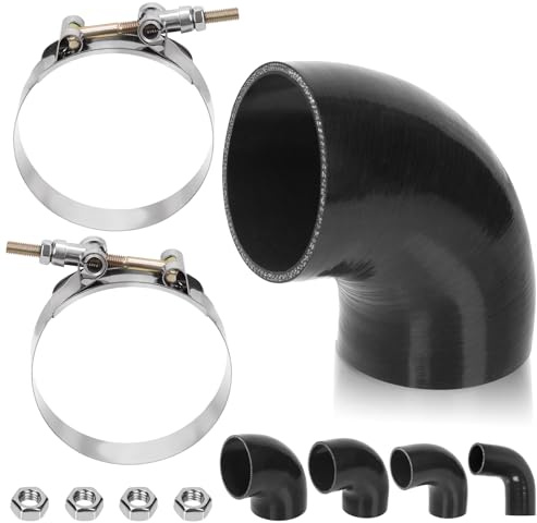 Swpeet 7 piezas manguera de silicona reforzada de 4 capas con codo de 90 grados de 3 pulgadas - 76 mm con abrazadera de manguera de perno en T de 86-94 mm y kit de tuerca hexagonal de 6 mm, manguera