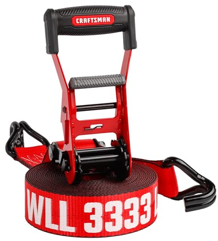 CRAFTSMAN CMXAZBS10000J Black/Red 2 x 27' Ratchet Tie Down Strap with Double J Hook - Heavyweight/Industrial Duty (10,000 lb Break Strength)