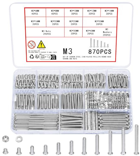 Vwoqiy 870 Pièces M3 Vis Boulons et Écrous et Rondelles Assortiment Kit, Boulons Vis à Tête Cylindrique, Vis à Métaux Cruciforme Galvanisées, DIN 7985(argent 870 M3)
