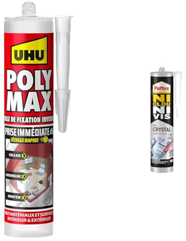 UHU Polymax prise immédiate invisible- Mastic/colle de fixation MSP pour coller, assembler & Pattex Ni Clou Ni Vis | Fix Crystal – Colle de fixation extra forte pour intérieur et extérieur