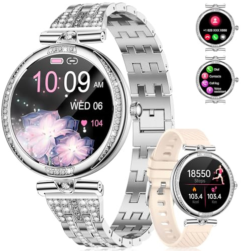 Smart Watches for Women, 1.19 AMOLED Always-on Display Diamond Smart Watch with Bluetooth Call, Blood Pressure/SpO2/Heart Rate Monitor, Waterproof Pedometer Silver Ladies Smartwatch for Android iOS