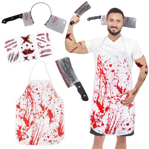 Disfraz de Carnicero Terror para Halloween - Machete, Diadema Cuchillo, Delantal y Tatuaje - Para Hombre, Mujer, Niño y Adulto