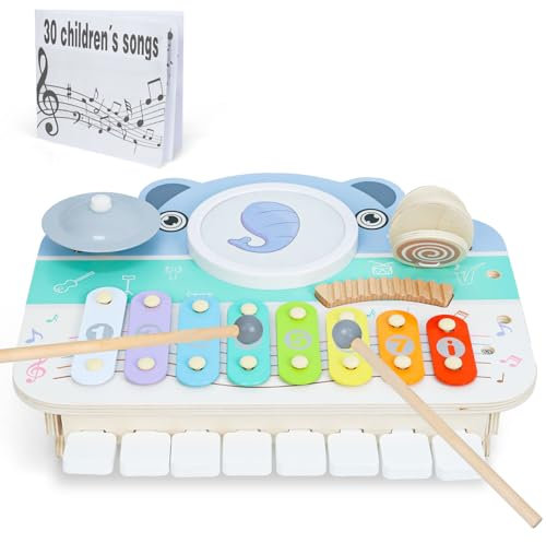 XIAPIA Baby Musical Toys for 1 Year Old, Wooden Musical Instruments with Piano Keyboard for Toddlers 1-3, Toddler Drum Set with Xylophone for Kids, Preschool Educational Gifts for Boys and Girls