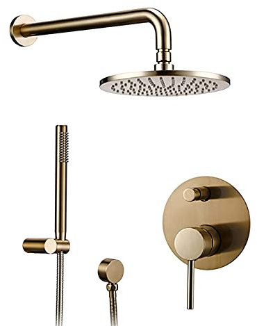 Shower Head Set Rubinetto Doccia Oro Spazzolato, Doccia in Ottone Montato a Parete, Miscelatore deviatore in Ottone, soffione Doccia con doccetta, 12 Pollici, 10 Pollici Rainfall Shower Head