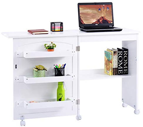 Mobiler Basteltisch mit offenen Regalen und Rollen, 2-in-1 faltbarer Nähtisch für Home Office (weiß)