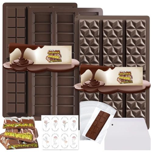 Stampo per Cioccolato in Silicone 3 Pezzi,Stampo per Cioccolato Profondo,Tavoletta, Stampi in Silicone con Raschietto e Borsa e Adesivo,per Pistacchi Cioccolato al Latte