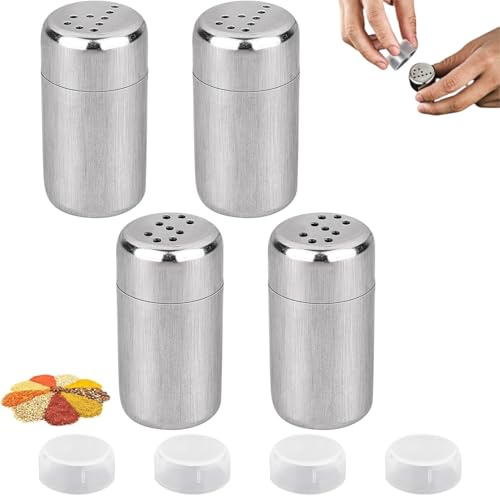 Heanvmyss 4 Stück Mini Salzstreuer,Pommesstreuer mit Deckel,Gewürzflaschen Klein aus Edelstahl,Gewürzflaschenbehälter für Küche,Unterwegs,Wohnmobil,BBQ Nachzufüllen(4 cm)