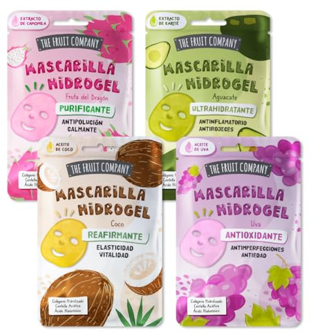 The Fruit Company - Mascarillas Faciales Hidrogel con Colágeno Hidrolizado, Centella Asiática y Ácido Hialurónico. 4 tipos. Reafirmante, Purificante, Ultrahidratante y Antioxidante. (4 uds.)