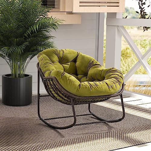 Solisburne Outdoor Patio Schaukelstuhl, Bequemer Gepolsterter Schaukelsessel, Moderner Loungesessel mit Dickem Kissen, Rattan-Schaukelstuhl für Garten, Schlafzimmer, Wohnzimmer