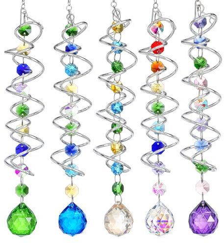 5 Pack Crystal Suncatcher Gazing Ball Spiral Wind Spinner Garden Decor | Crystal Sun Catcher Gazing Ball with Spiral Tail Rainbow Maker Wind Spinner Set of 5 for Garden Indoor Home Wedding Decor