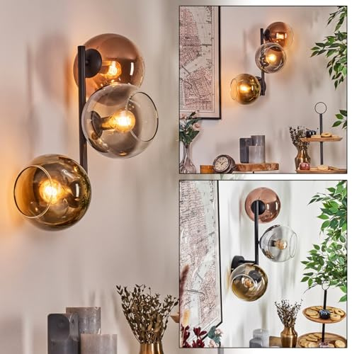 HOFSTEIN Wandleuchte Koyoto, Wandlampe aus Metall/Glas in Schwarz/Rauch/Gold/Kupfer/Klar, Leuchte im Retro/Vintage-Design (Schirme Ø 15 cm), E14, Wohnzimmer, Schlafzimmer, Küche, Flur, Treppenhaus