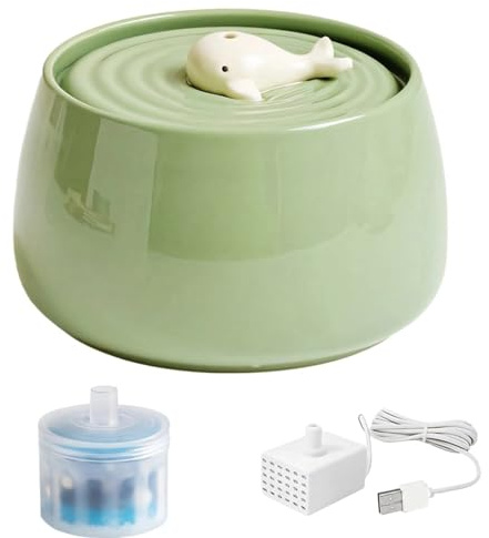Fuente de agua de cerámica para gatos con diseño de ballena de 45 onzas con doble filtración y dispensador de agua silencioso de flujo automático