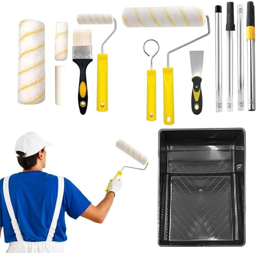 Juego de rodillo de pintura para pintura doméstica, cepillo ergonómico sin pelusas con mango telescópico y bandeja de pintura para superficies texturizadas y muebles