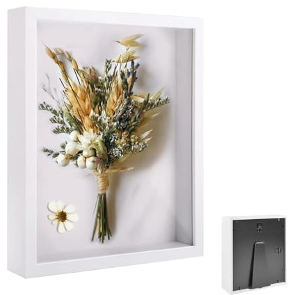 Bildram för fyllning, 21 x 30 cm gör-det-själv djup bildram för fyllning, med transparent akrylplatta, trä 3D-blommor skugglåda djup 3 cm, för bröllopsbuketter, dekorationsobjekt (vit)