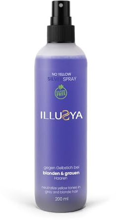ILLUSYA Spray Anti-Reflets Jaunes – Soin sans rinçage argenté 200 ml – Neutralise les reflets jaunes, hydrate et apporte brillance aux cheveux blonds, gris et blancs