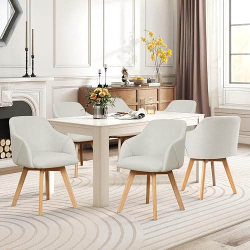 Bekrvio Set of 6 Swivel Dining Chairs with Arms – Upholstered in Breathable Linen, Wide Padded Seat with Beech Wood Legs, 360° Rotating Accent Armchair for Kitchen, Dining Room, Living Room