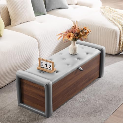 48 Large Storage Ottoman Bench, Faux Leather Upholstered Bed Bench with Button Tufted, End of Bed Ottoman with Safety Hinge for Bedroom, Living Room, Window，or Entryway, Drak Grey Shoe Storage Chest