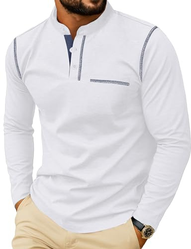 PrinStory Långärmad tröja Herr Henley T-shirt Bomull Rund hals Pullover Casual överdelar För män, Vit, M