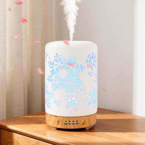 GuKKK Diffusore di Oli Essenziali, 100ML Ceramica Umidificatore Oli Essenziali con 4 Timer e 7 Colori LED Luce Notturna, Spegnimento Automatico Quando l'acqua Finisce, per Yoga Casa Ufficio