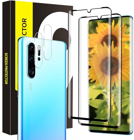 Cable Leader 2+2 Stück Schutzfolie für Panzerglas für Huawei P30 Pro Displayfolie, 9H Härte Schutzglas, 3D Kante, Sensitive Touch, HD Klarsicht Huawei P30 Pro Displayschutzfolie+Kameraschutz