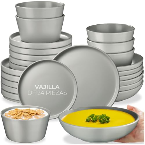 tectake® Servicio Combinado para 6 Personas, Juego Vajilla Estilo Urbano, Gres Esmalte, Lavavajillas y Microondas, Vajillas Completas Modernas, Cuencos Ceramica - 24 Piezas Gris