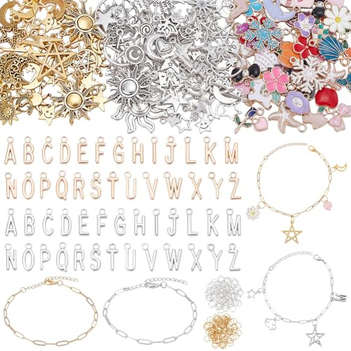 SOFPLATE 1 Box 474 Teiliges Edelstahl Charm Armband Bastelset Mit Büroklammerketten Goldenen Und Silbernen Charms Biegeringen Und Verschiedenen Buchstaben Emaille Anhängern (Großpackung) Für Schmuckhe