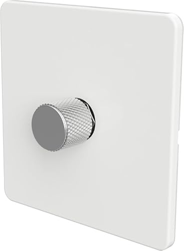SAMOTECH Smart Matter Dimmer Switch Push On/Off-Rotary control for LED and Halogen Lights - Plastic Faceplate & Metallic Knob - White/Silver 1-Gang