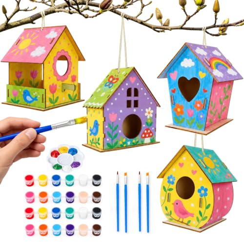 BELEEV 4 Pack Bird House Kit, Wooden Arts and Crafts for Kids | Includes Paints & Brushes, DIY Gift for Children Boys Girls Ages 4-12