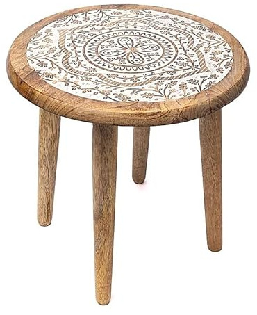 XdeliX Mesa auxiliar de mandala redonda, madera de mango, diámetro de 30 cm, altura de 31 cm, mesa altar