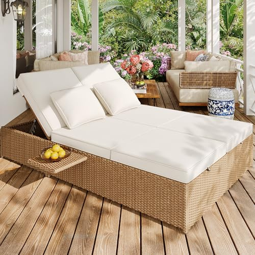 Merax Gartenliege Rattan 2 Personen, Outdoor Sonnenliege klappbar mit Kissen, Doppelliege Balkonmöbel Terrassenmöbel wetterfest, Lounge Sofa Garten