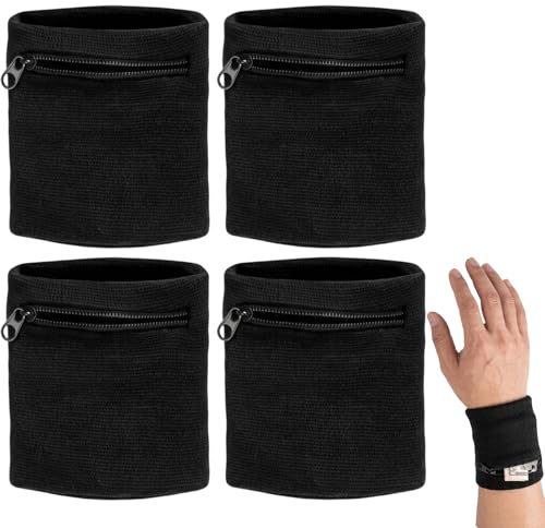 4 Stück Schweißband Handgelenk, Sport Schweißbänder mit Handgelenktasche, Praktisches Schweissband für Fitness und Outdoor Aktivitäten, Schwarz, Ideal für aktive Menschen im Alltag