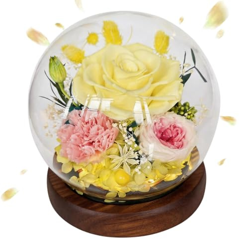 Aloskart Rose Eternelle dans Un Verre avec Lumière LED,Naturelle Fleur Rose Eternelle sous Cloche pour Femme, Maman, Copine, Épouse – Anniversaire, Fête des Mères, Noël, Saint-Valentin(Jaune)