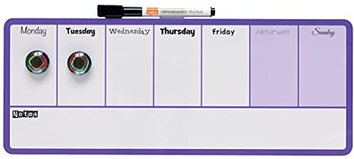 Nobo Liten Magnestisk Whiteboardtavla med Veckoplanerare, Avtorkningsbar, Väggmontering, Integrerad Pennhållare, Inkluderar Penna och Magneter, 360 x 140 mm, Lila, 1904048