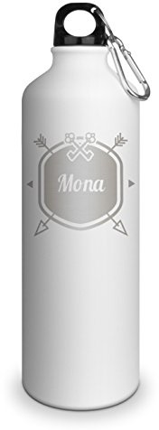 printplanet Trinkflasche mit Namen Mona - graviert mit Hipster Layout, Aluminiumflasche mit Gravur, Sportflasche - matt weiß