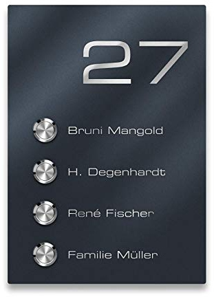 Metzler 4-fach Funk Klingel aus Edelstahl - in Anthrazit - inkl. Gravur - rostfrei & massiv - Mehrfamilien-Haus - Klingelschild groß (4x Empfänger)