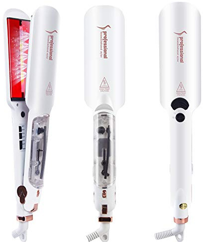 DORISILK Professional 2 Tourmaline Ceramic Flat Iron - Steam and Infrared Heat for Straightening, Curling, Dual Voltage Control (White)