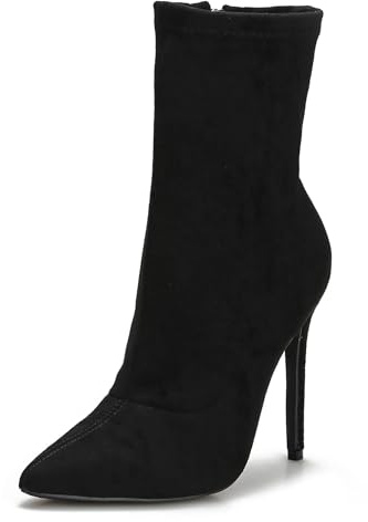 CAMSSOO Black Boots for Women Sock Boots Comfy Side Zipper Stiletto Ankle Boots High Heels Boots Pointed Toe Suede Mid Calf Booties Size 10.5