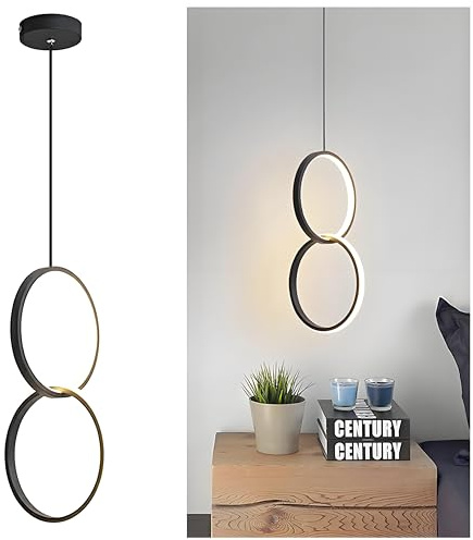 LFsem Moderne Minimalistische LED Pendelleuchte, 2700K Warmes Licht LED 20W Metall Ring Hängelampe für Schlafzimmer und Wohnzimmer (B-Schwarz)