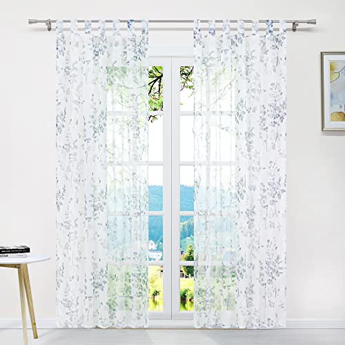ESLIR Gardinen mit Schlaufen Vorhänge Gardinenschals Transparent Schlaufenschal Blätter Muster Voile Grau BxH 140x145cm 1 Stück